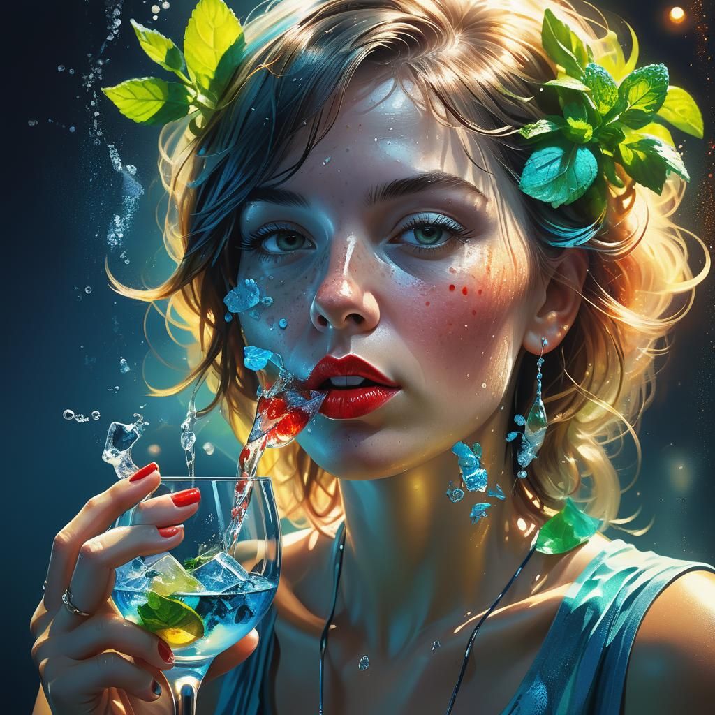 Woman Enjoying Gin: Hyper-Realistic Splash Art Portrait