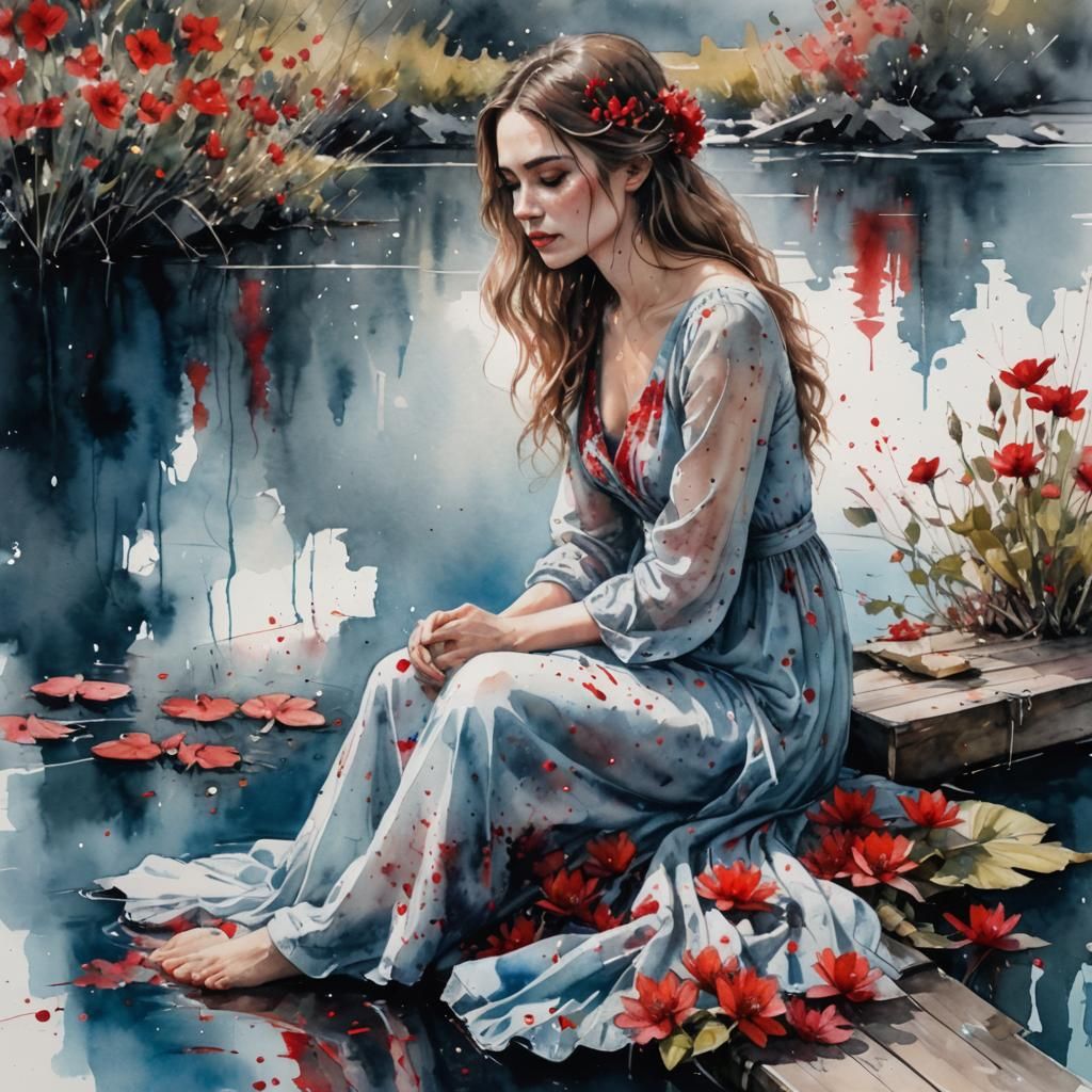 Woman by Lake: Watercolor Portrait with Flowers