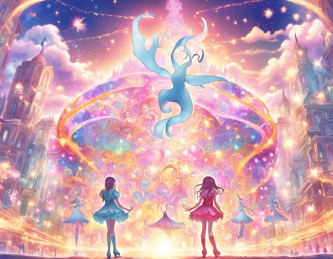 Magical Girl Yuuna Yunohana Soars in Vibrant Sunset Cityscap...