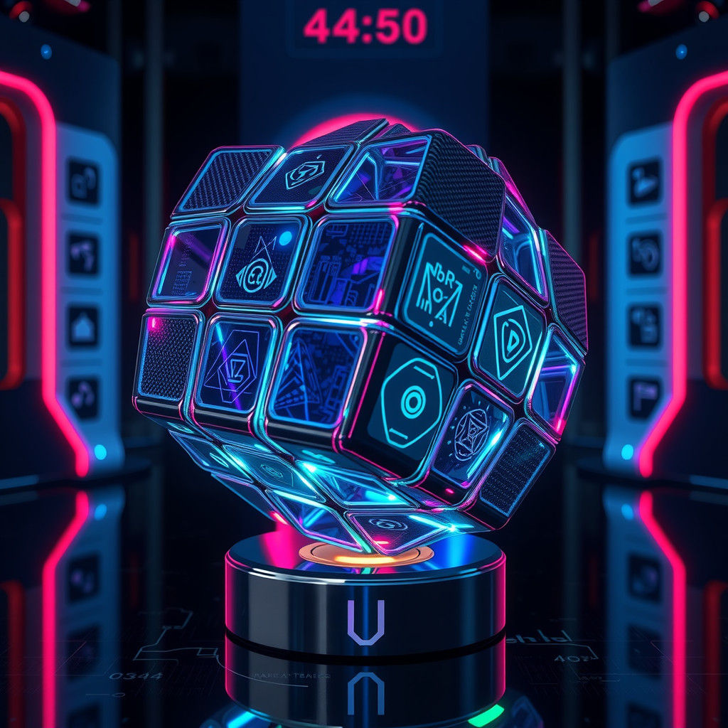 Futuristic Holographic Puzzle Orb in Neon-Lit Style