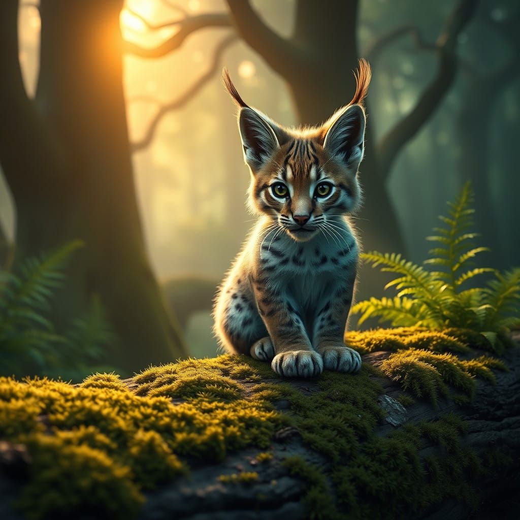 Serene Baby Lynx in Mystical Forest Landscape