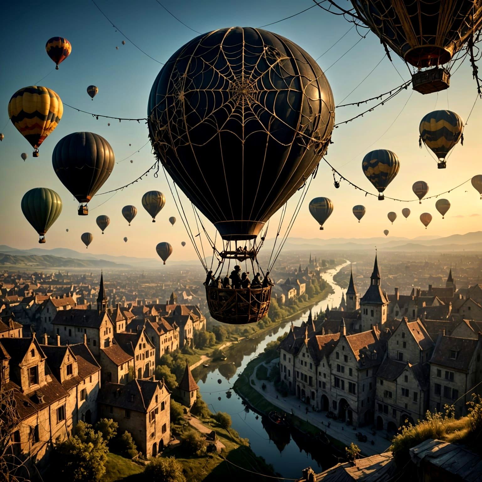 Surreal Spiderweb Balloon in Dark Landscape