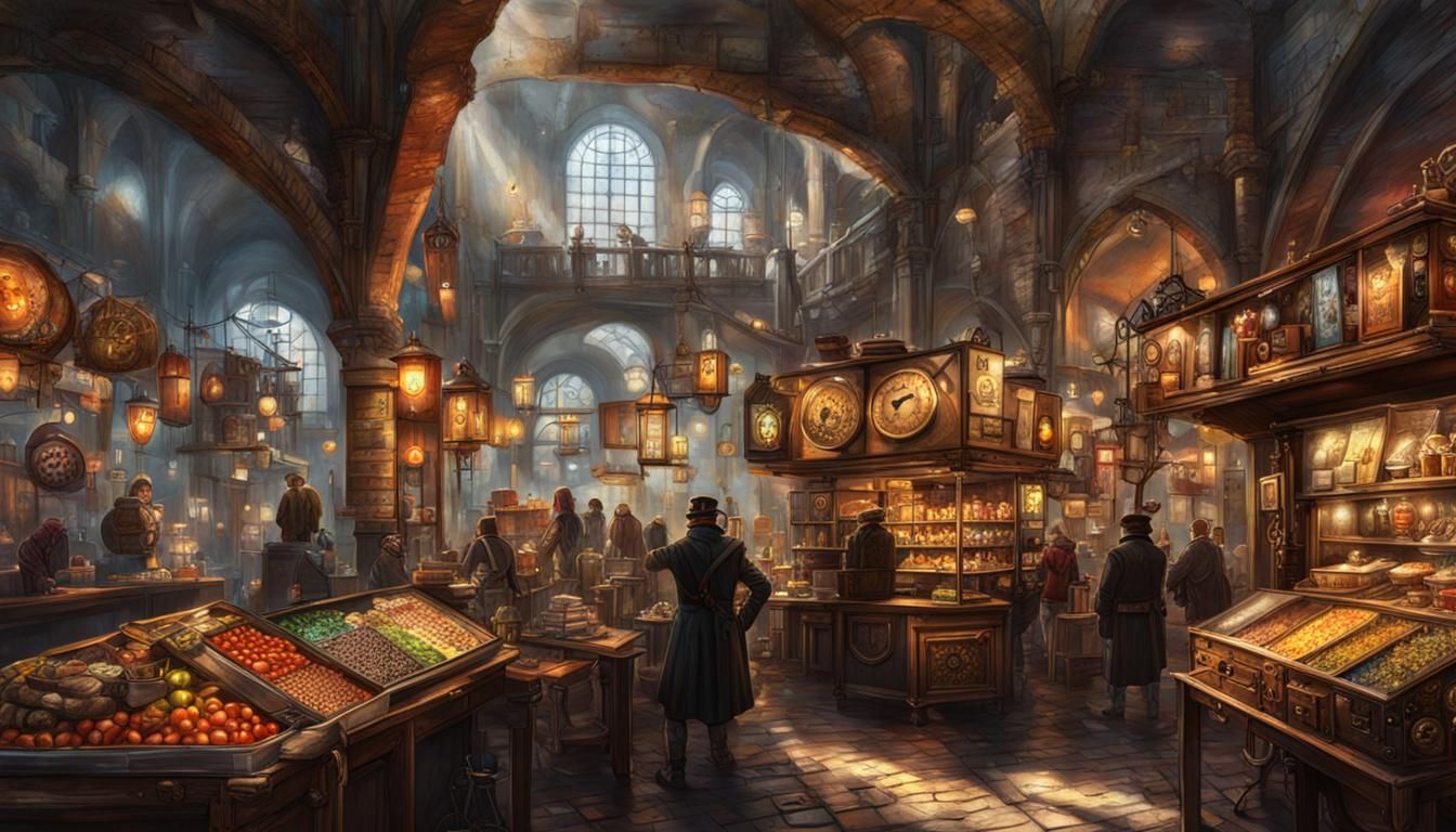 Steampunk Market in Newark Castle: Hyperrealistic Art