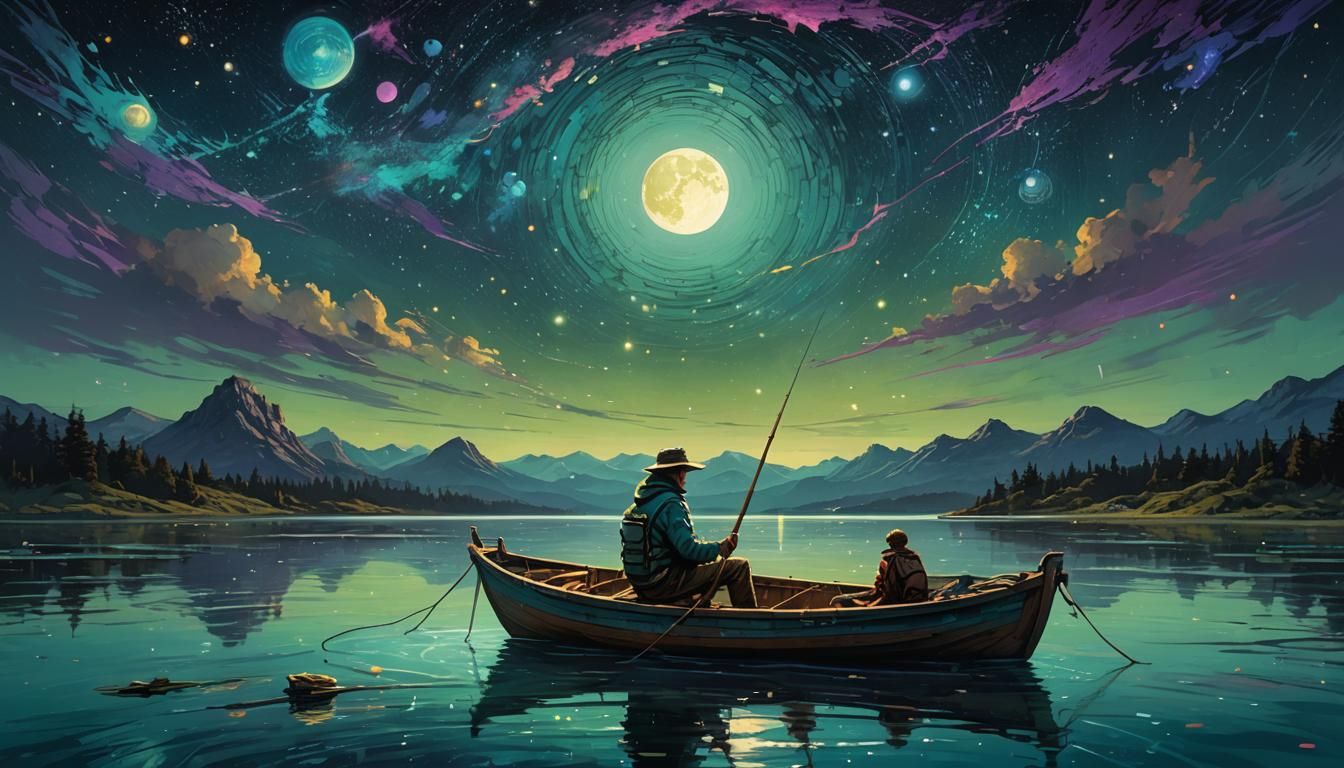 Fisherman's Cosmic Dreamscape: A Planetary Night