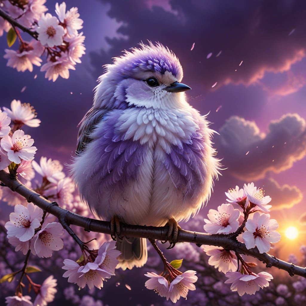 Whimsical Bird Perched on Sakura Branch Amidst Vibrant Sunse...