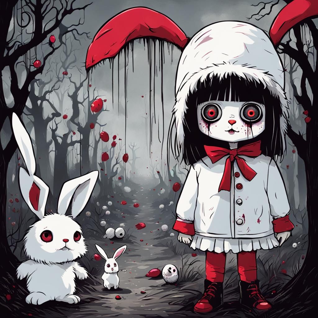 Creepy Cute Girl and Rabbit in Burton Style
