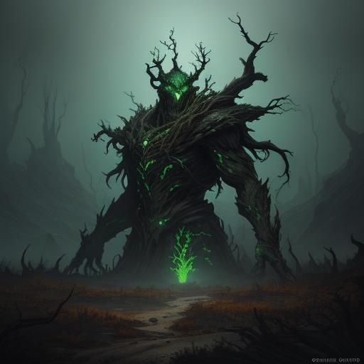 Terrifying Rooted Creature in Dark Fantasy Wasteland
