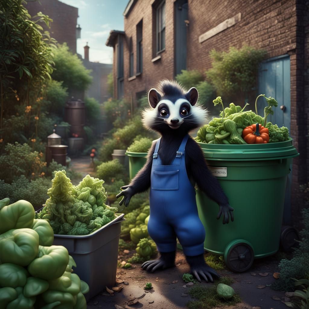 An anthro skunk tending his veg garden in among the trash ca...