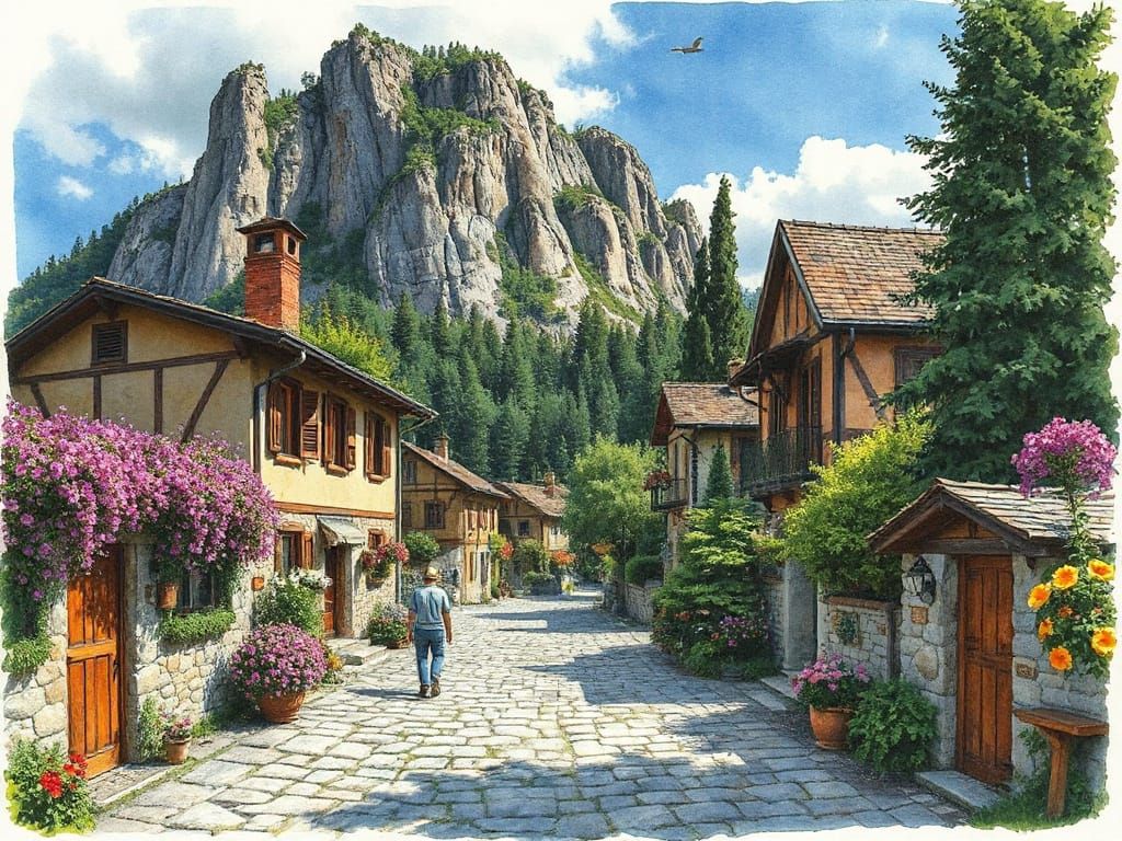 Whimsical Mountain Village Scene in Vibrant Colors