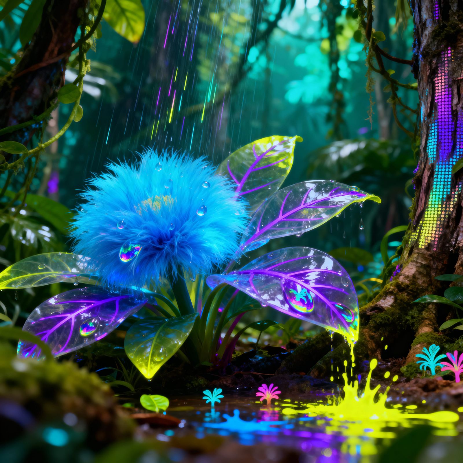Neon Jungle Dreamscape with Fluffy Fantasy Flower