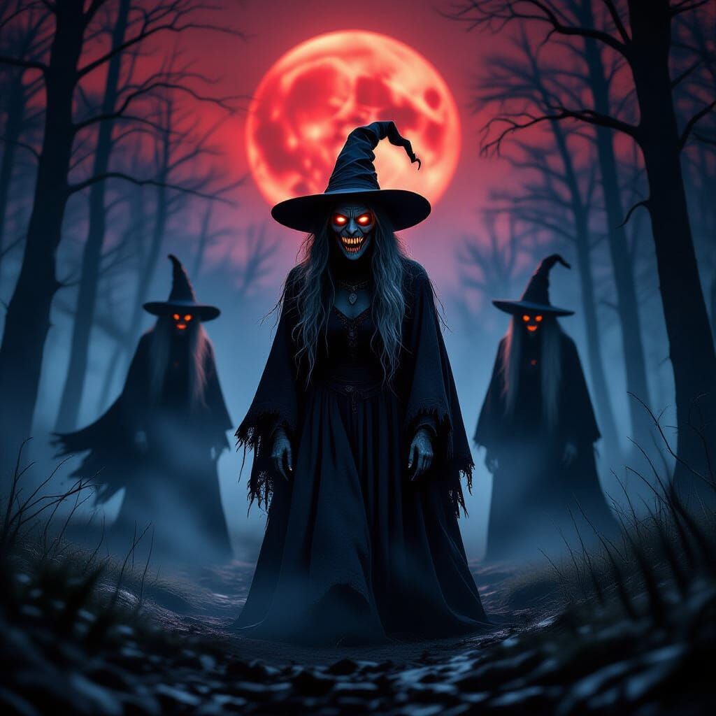 Terrifying Witches in Dark Forest Under Blood Moon