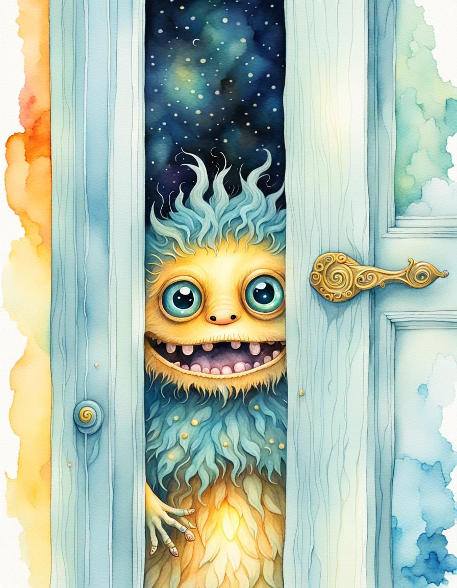 Cute Monster Peeking From Closet, Watercolor Style