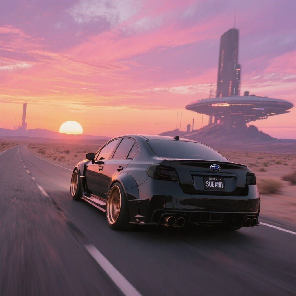 Black Subaru WRX on Desert Highway at Sunset
