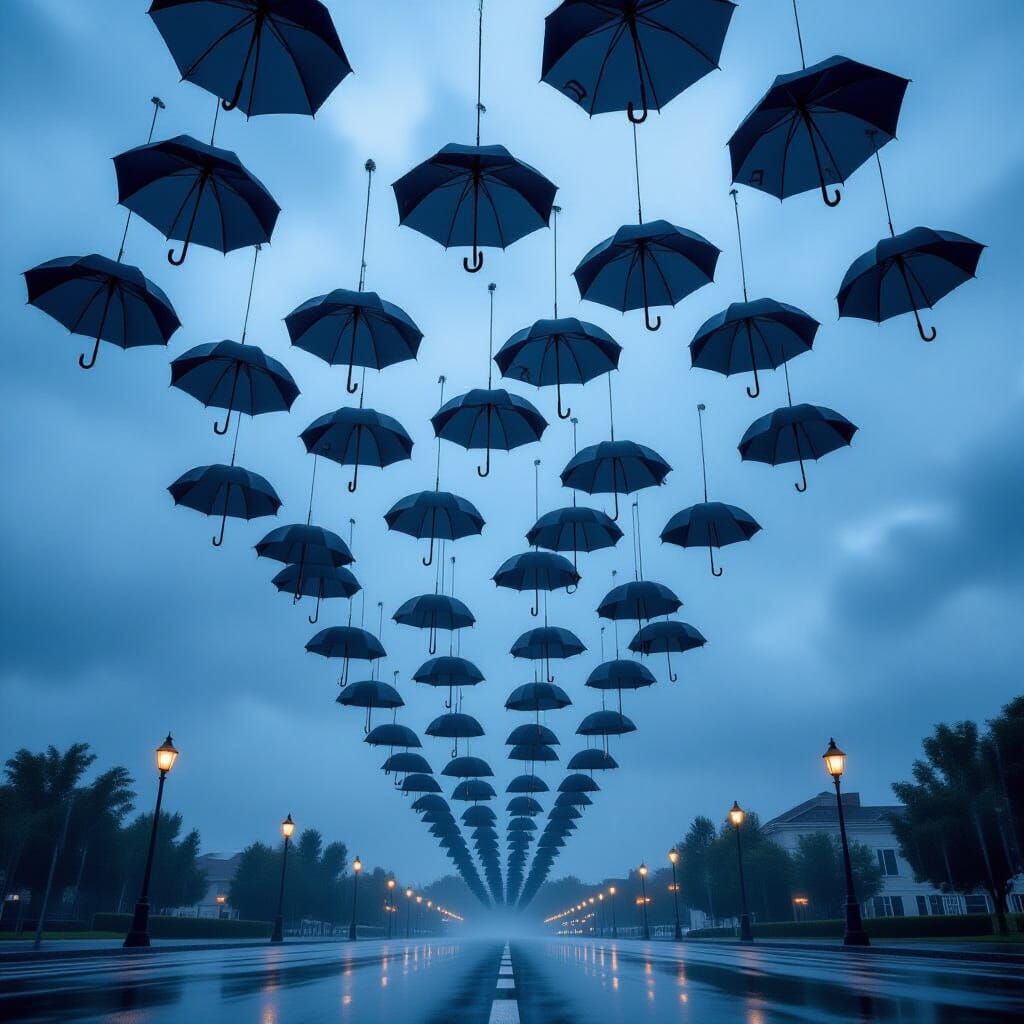 Surreal Downpour of Umbrellas Falling From Sky