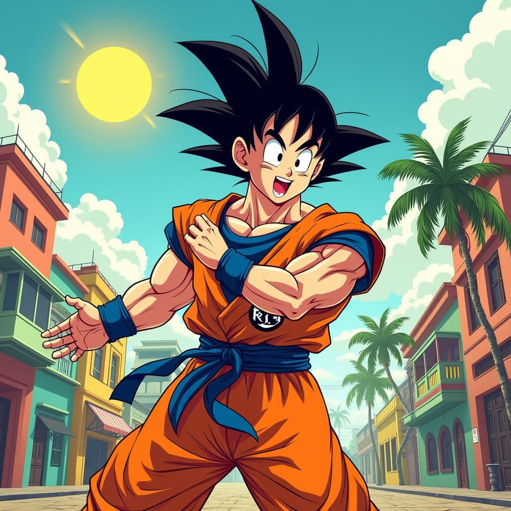Goku Stands Heroic in Fortaleza's Vibrant Cityscape
