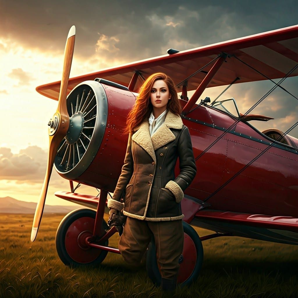 Auburn Aviatrix in Crimson Biplane, Digital Matte Painting