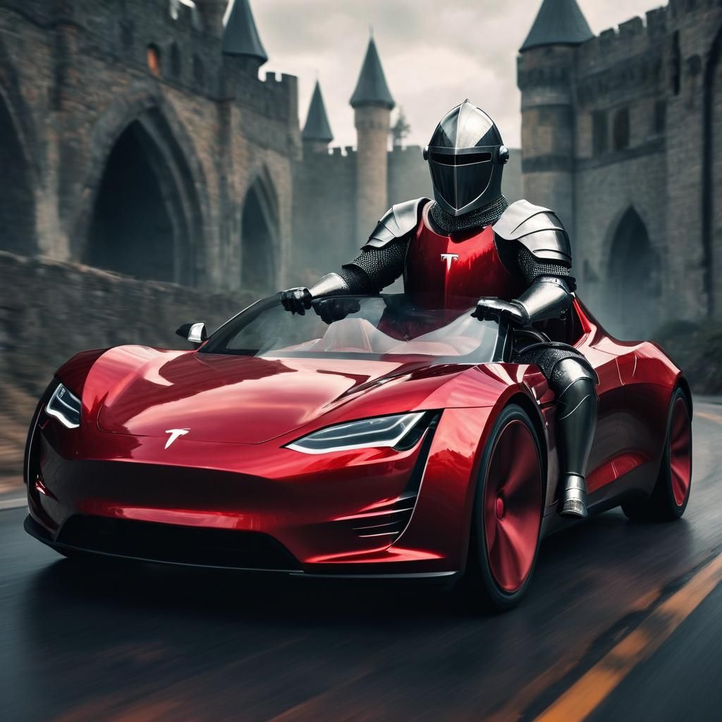 Medieval knight driving a Tesla Roadster.