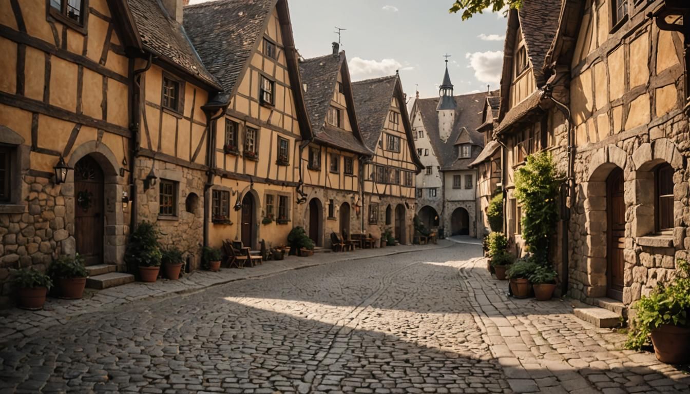 Medieval Village: Cobblestone Streets in Warm Sunlight