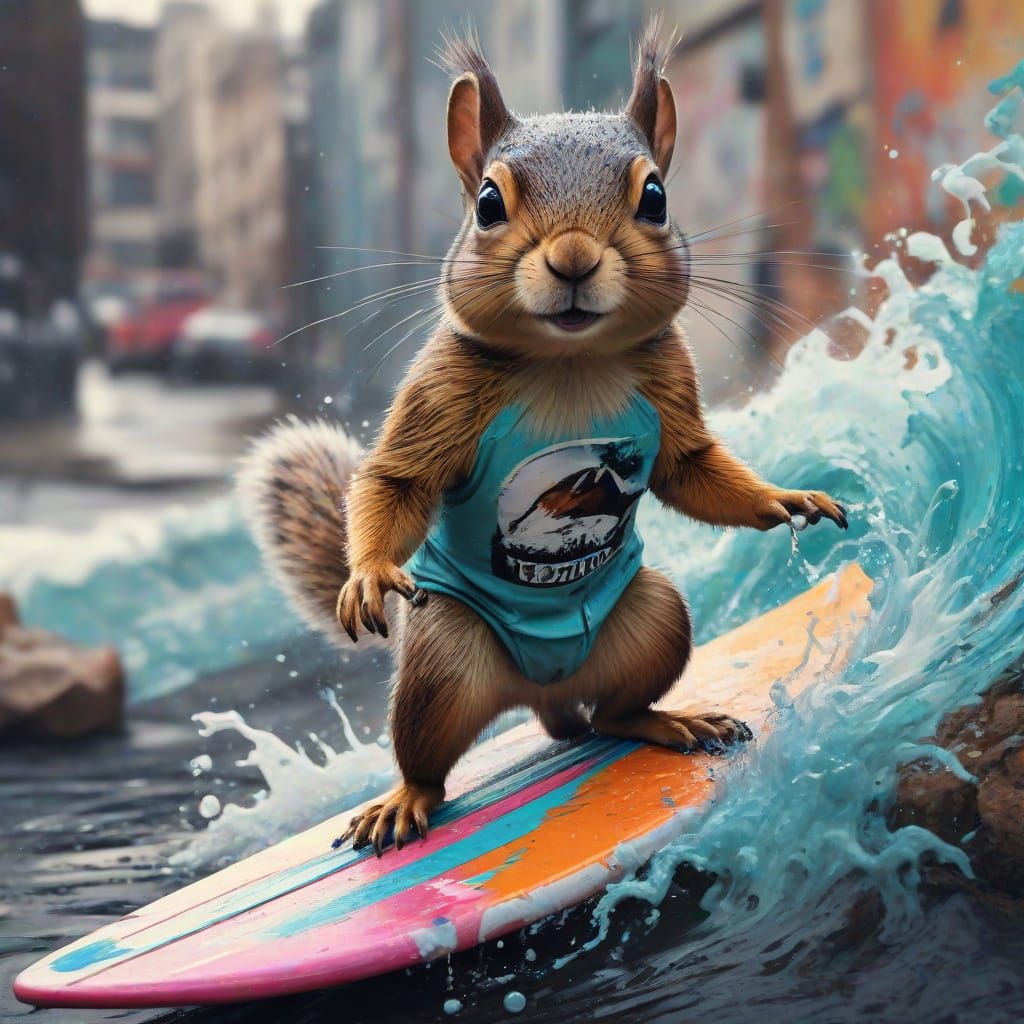 Surfing Squirrel in Graffiti Splash Art