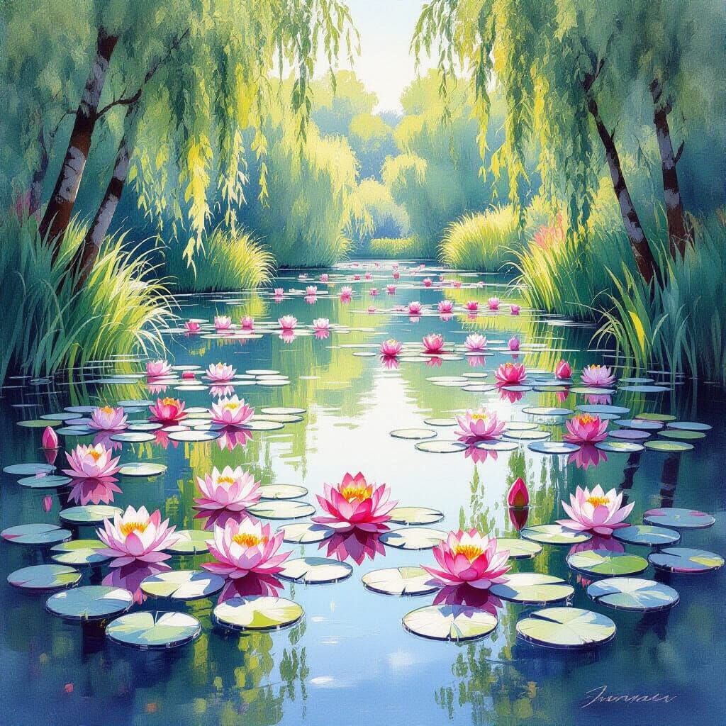 Serene Pond with Lotus Flowers and Lily Pads