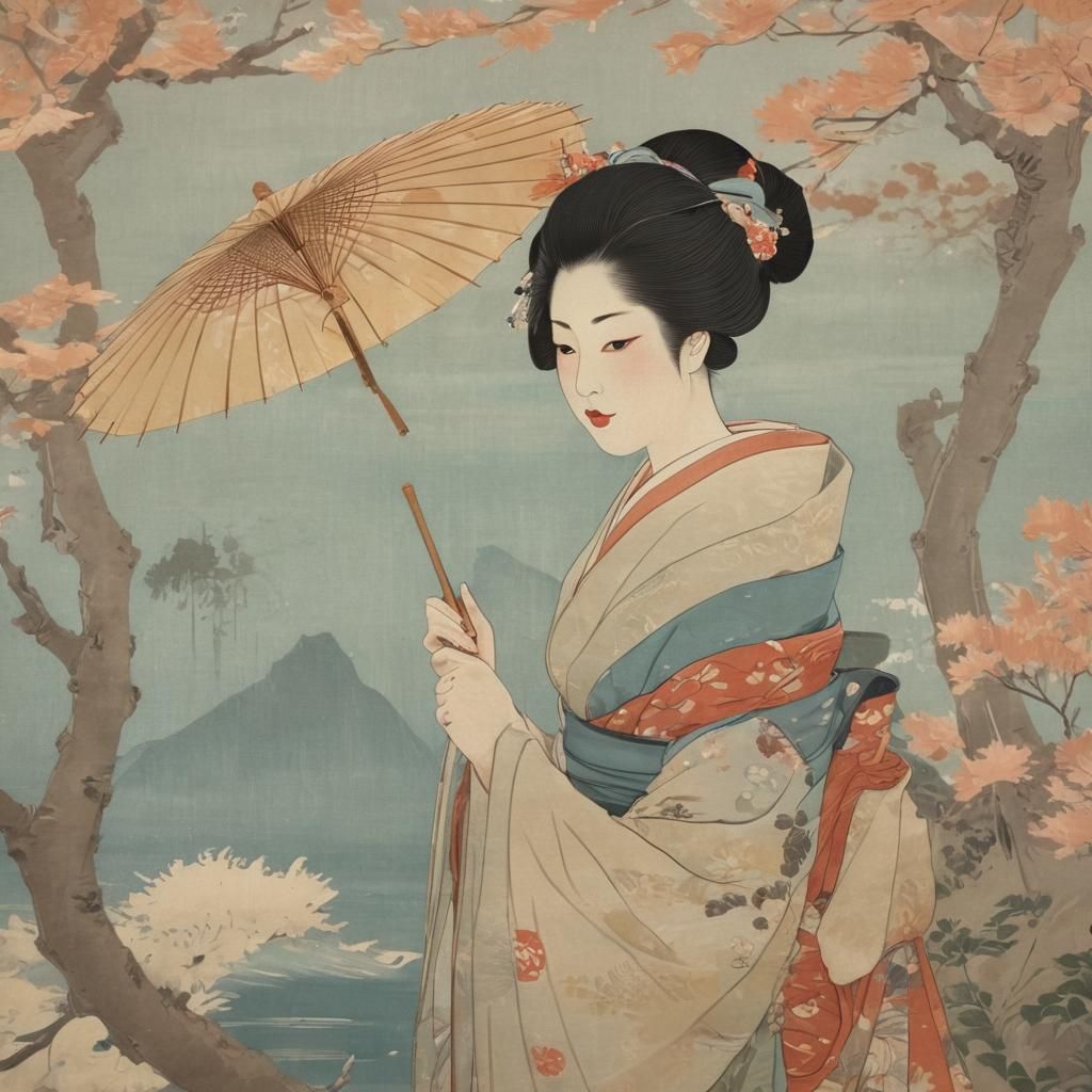 Geisha Under Gingko Trees in Ukiyo-e Style