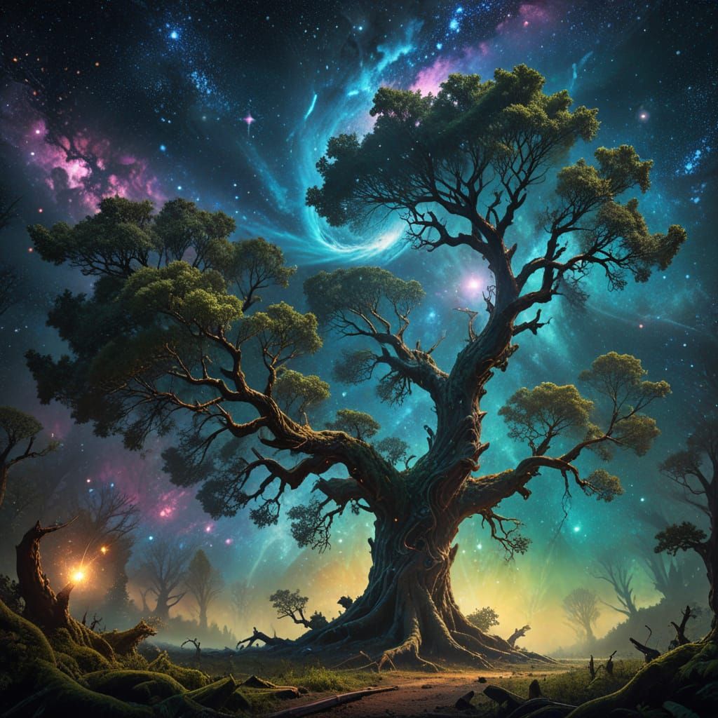 Forest Merges with Cosmic Nebula in Fantasy Art