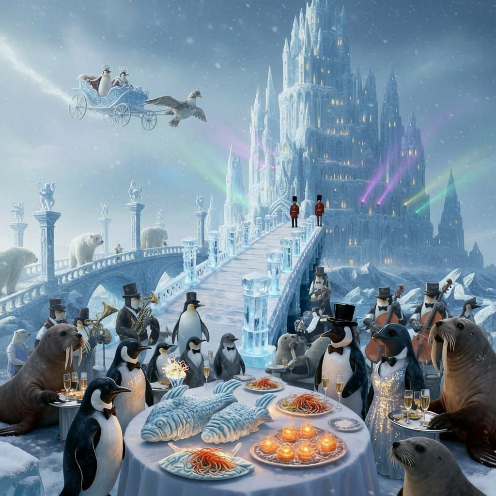 Penguins Feast at an Ice Castle with Polar Bear Guards