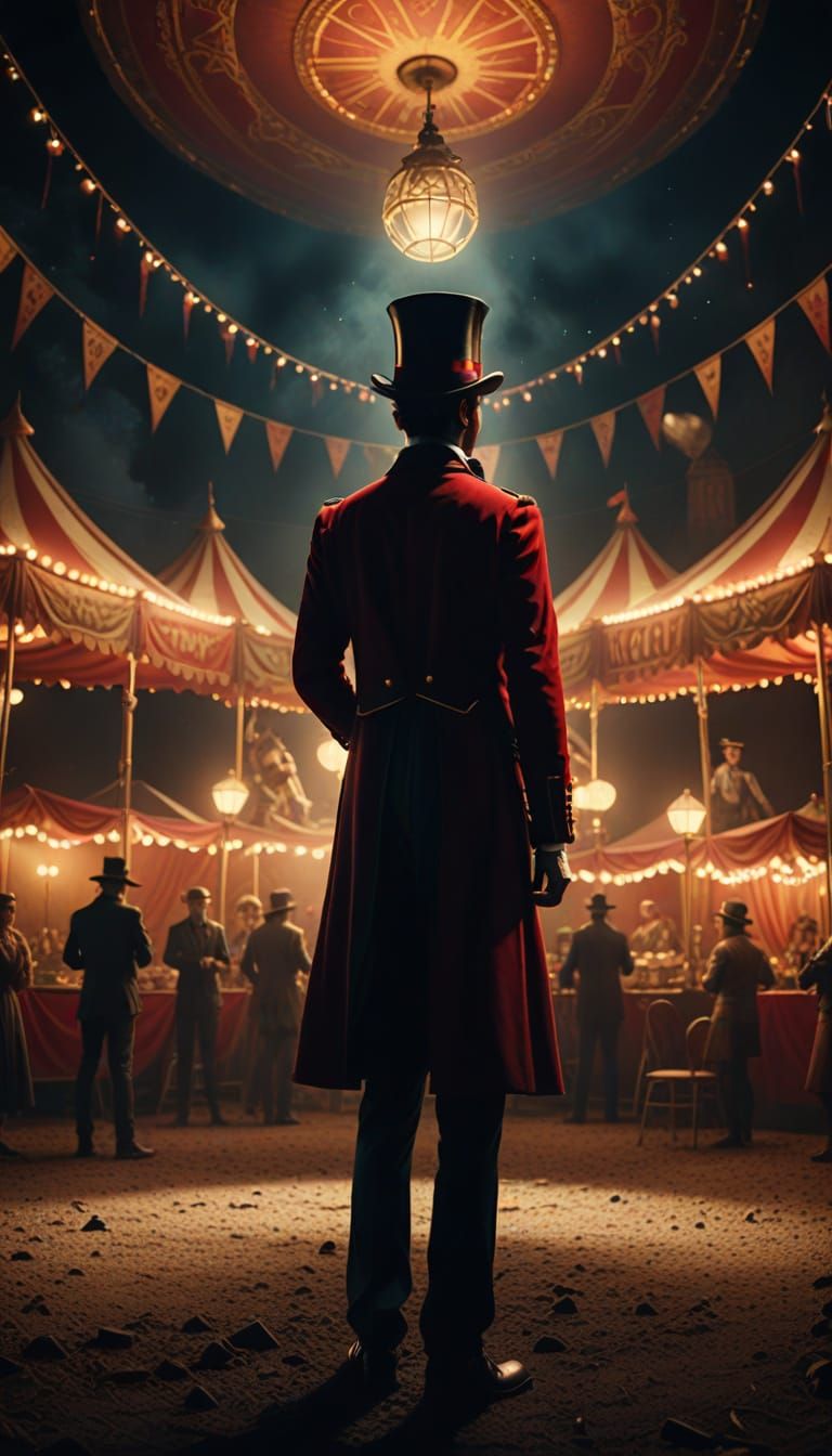 Mystical Ringmaster in a Smoky Circus Tent