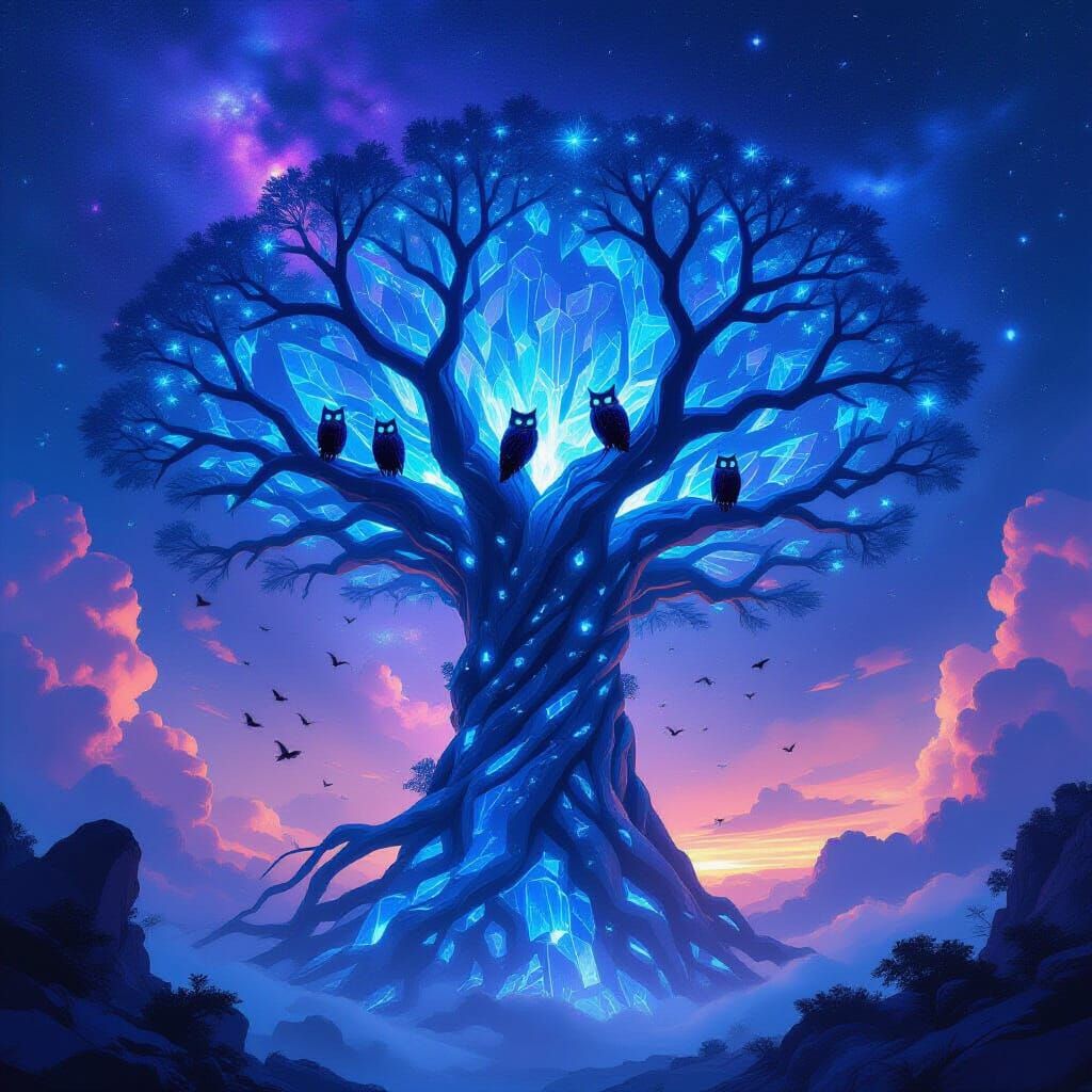 Alien Crystal Tree Reaches Nebula Sky with Biomechanical Owl...