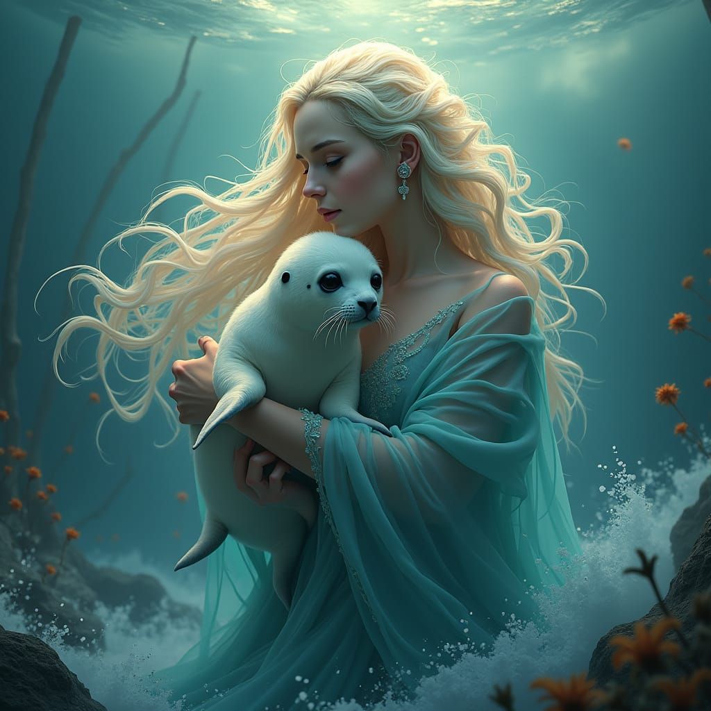 Water Goddess Saving Seal, Dreamlike Fantasy Art