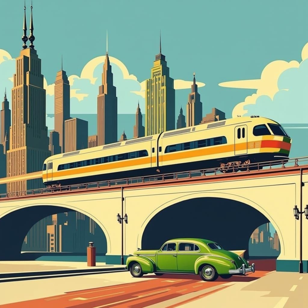 Streamlined Futurism in Art Deco Cityscape