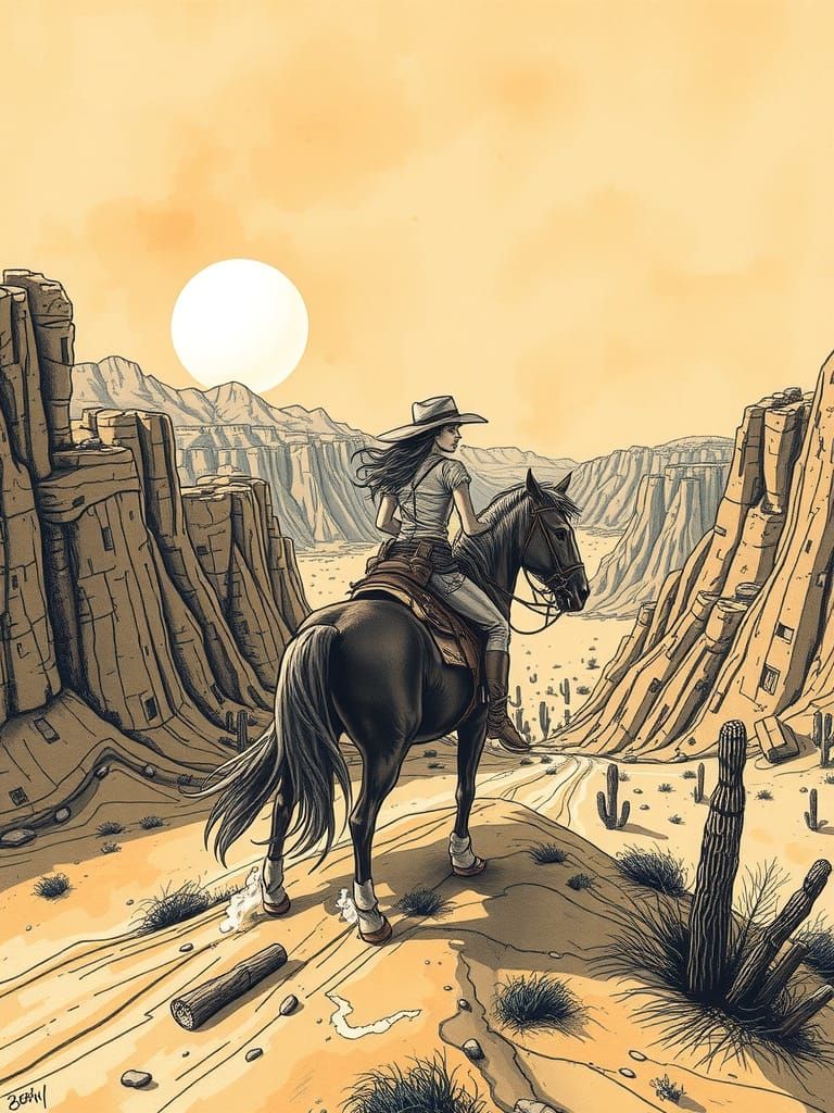 Post-Apocalyptic Cowgirl Rides Through Desert Canyon
