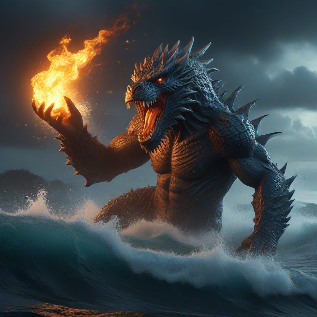 Dragon Battles Mermaids and King Kong in Fiery Sea