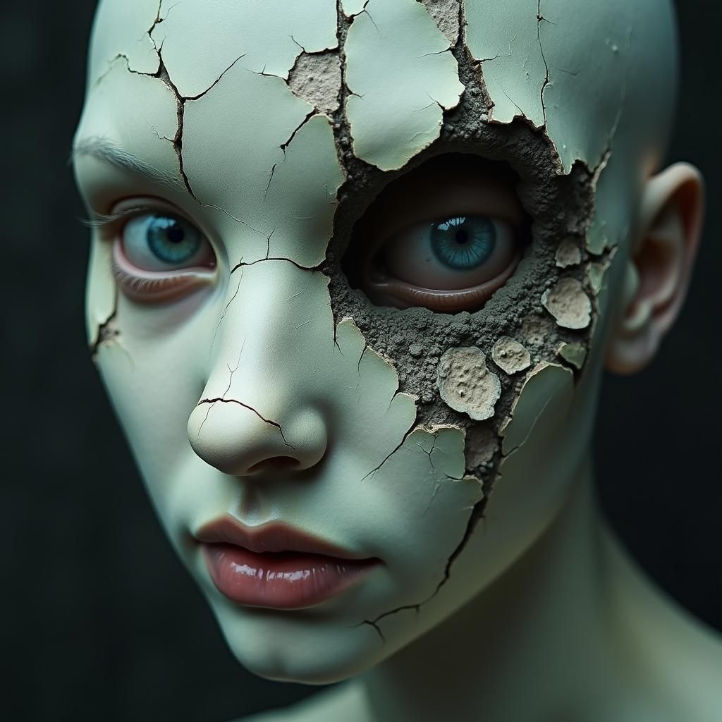 Shattered Porcelain Mask in Dark Surrealism