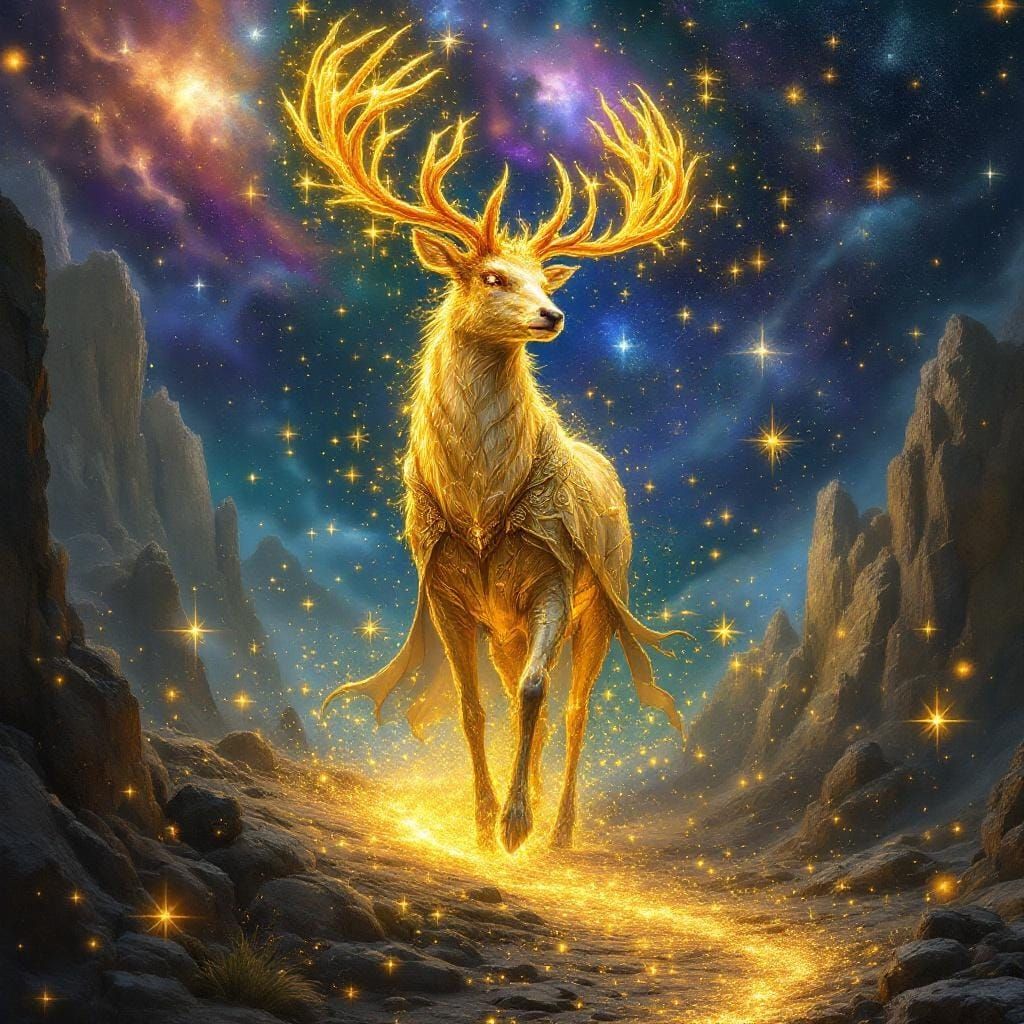 Golden Deer in Psychedelic Cosmic Scene