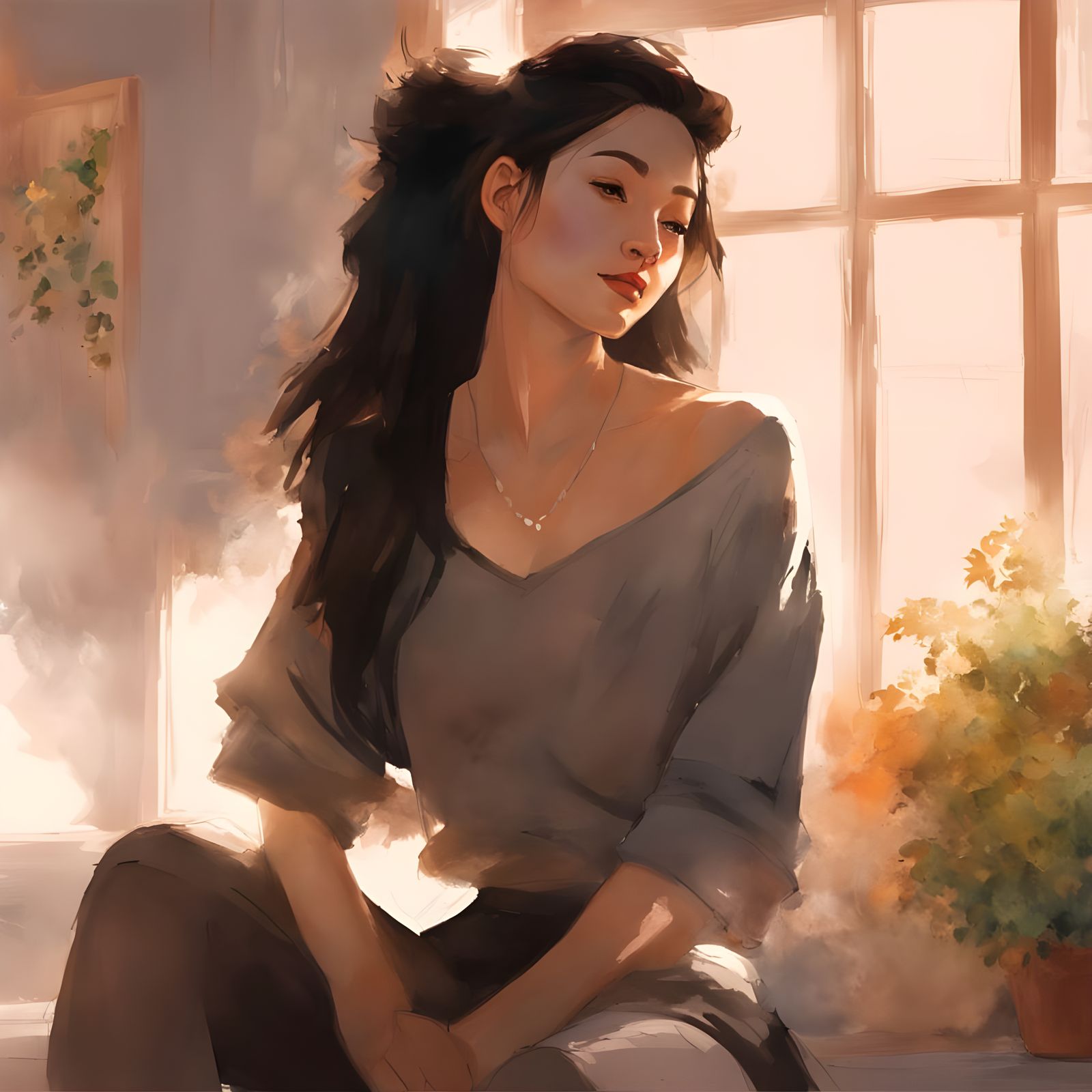 Serene Woman Seated by Fireplace in Cozy Rustic Setting