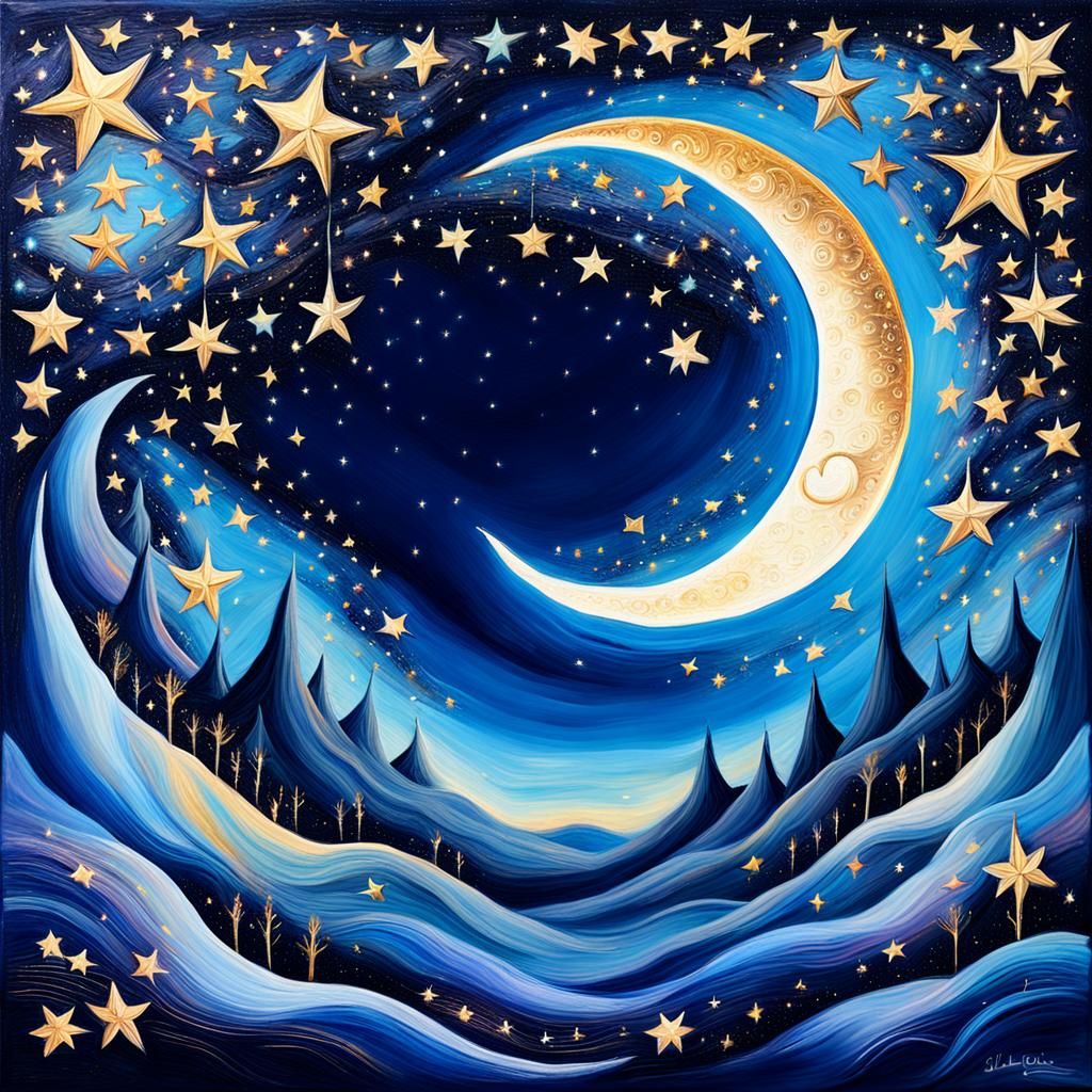 Serene Celestial Tapestry: Surrealist Oil Painting