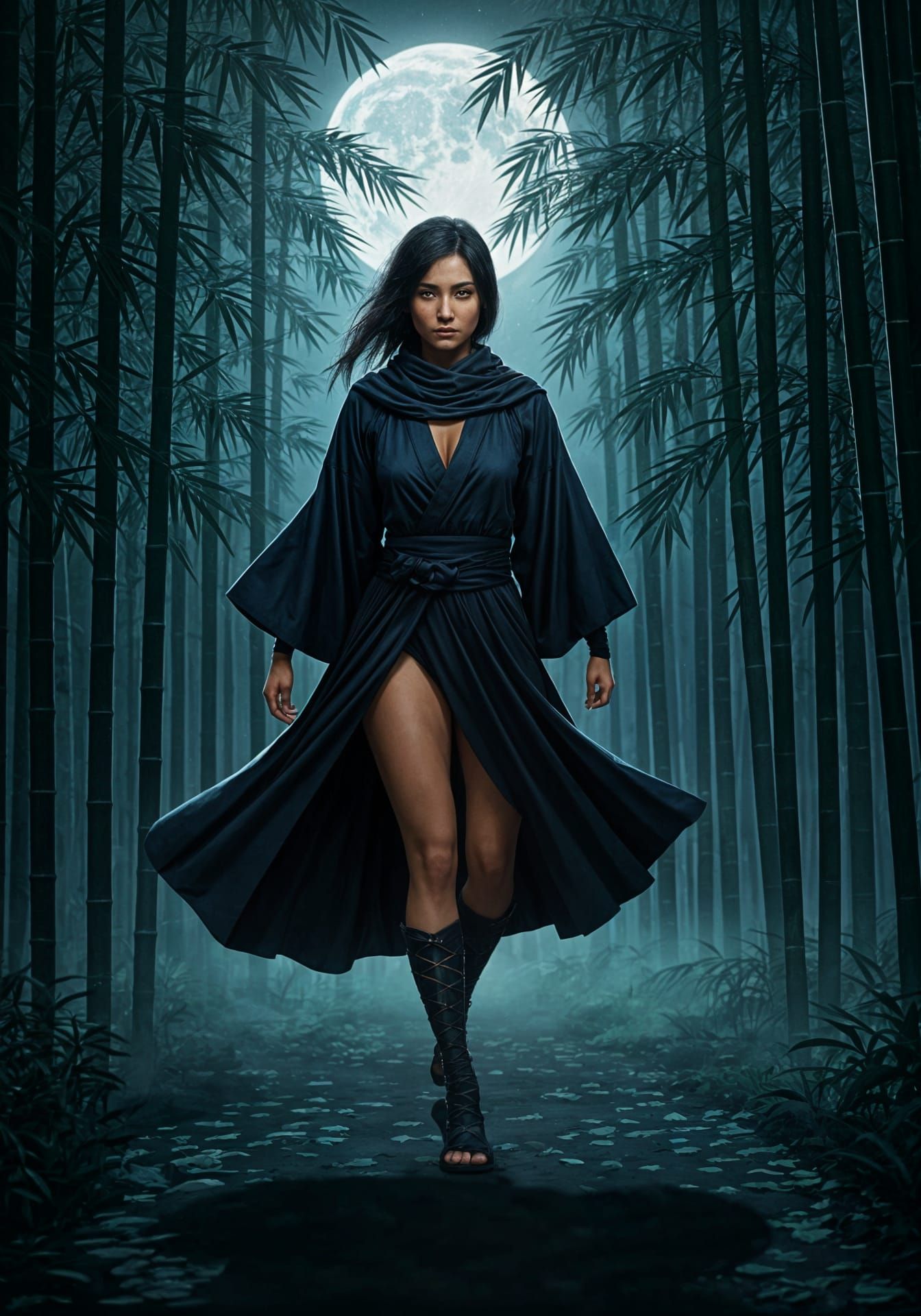 Deadly Ninja Stalks Moonlit Bamboo Forest