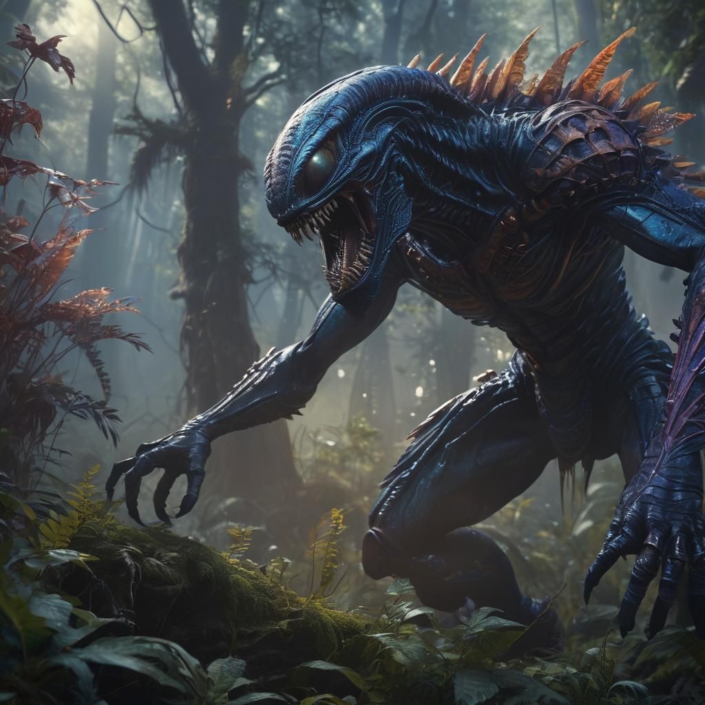 Alien Warrior in Mystical Forest: Matte Painting