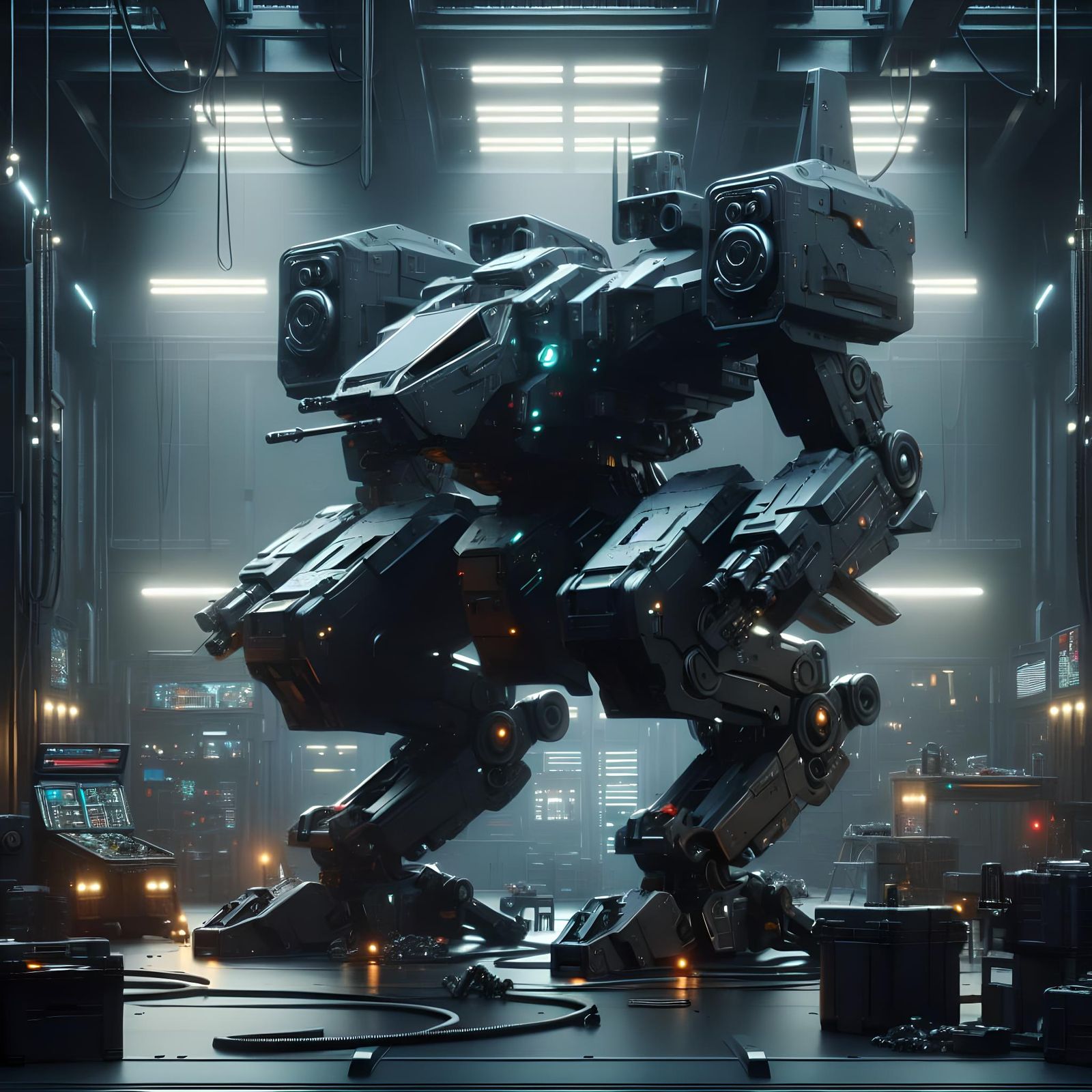 Sleek Battle Mech in Sci-Fi Repair Bay
