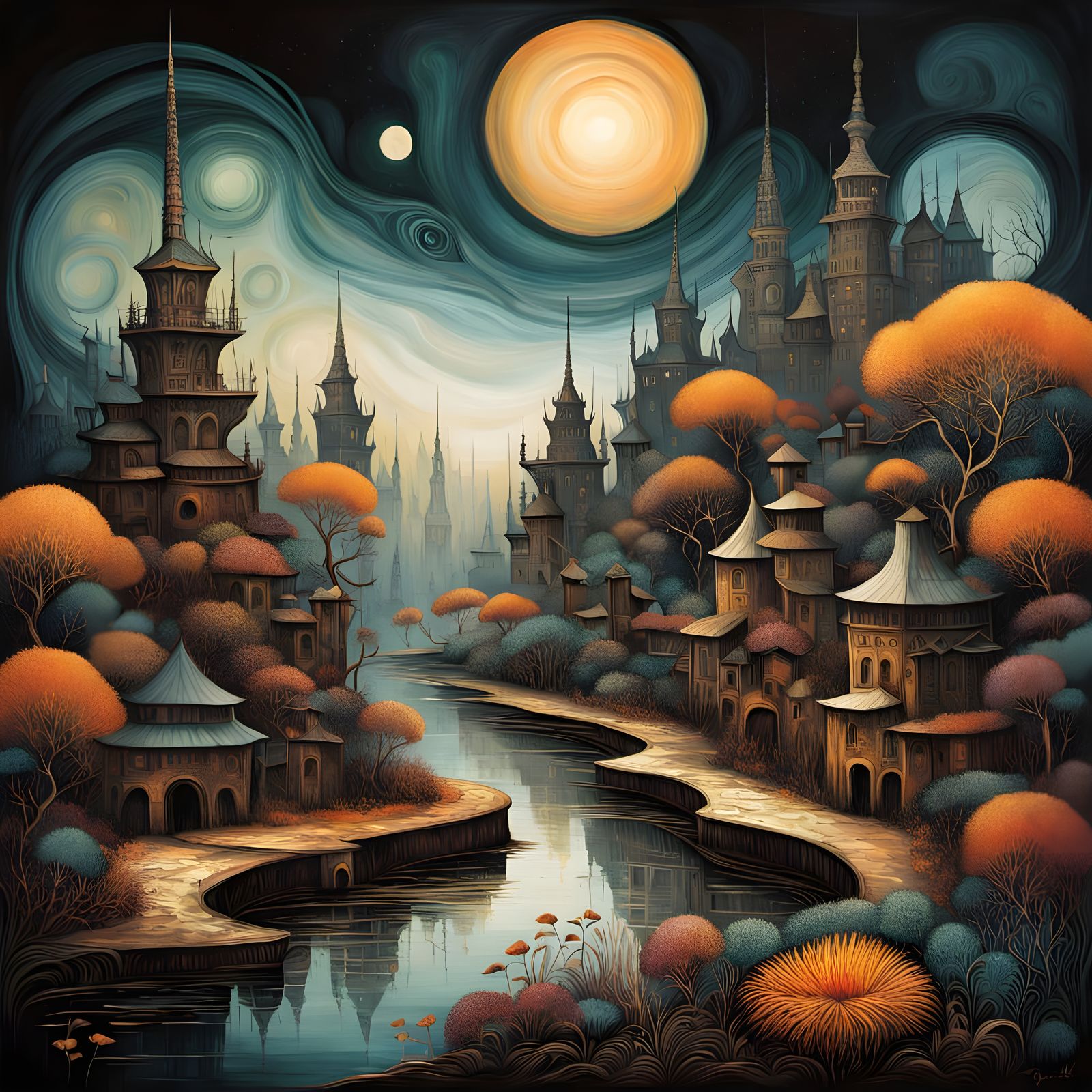 Whimsical Art Nouveau Cityscape in Earthy Tones