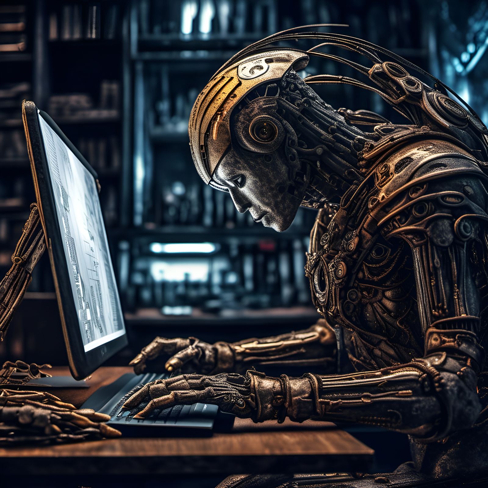 Hyperrealistic Humanoid Writing a Digital Book