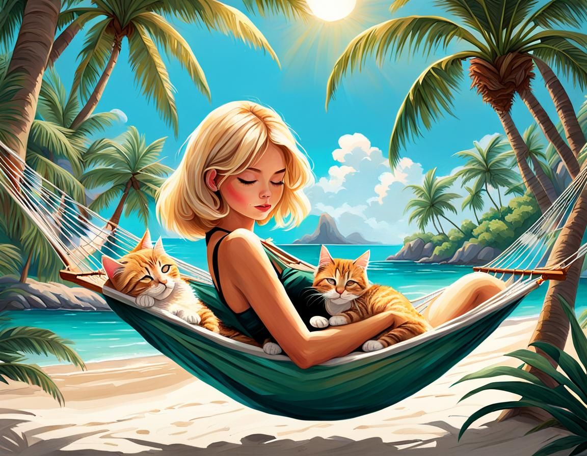 Tropical Island Dream: Girl and Kitten in Hammock