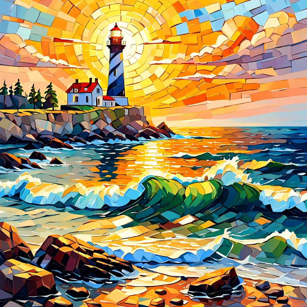 Lighthouse on Rocky Coast in Neo-Impressionist Style