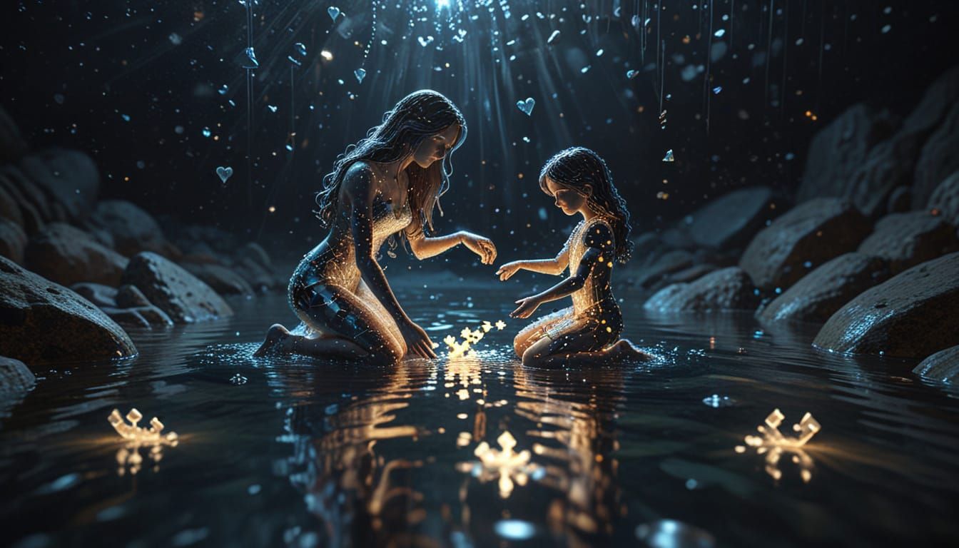 Woman Touches Puzzle Piece Heart in Mystical Water Scene