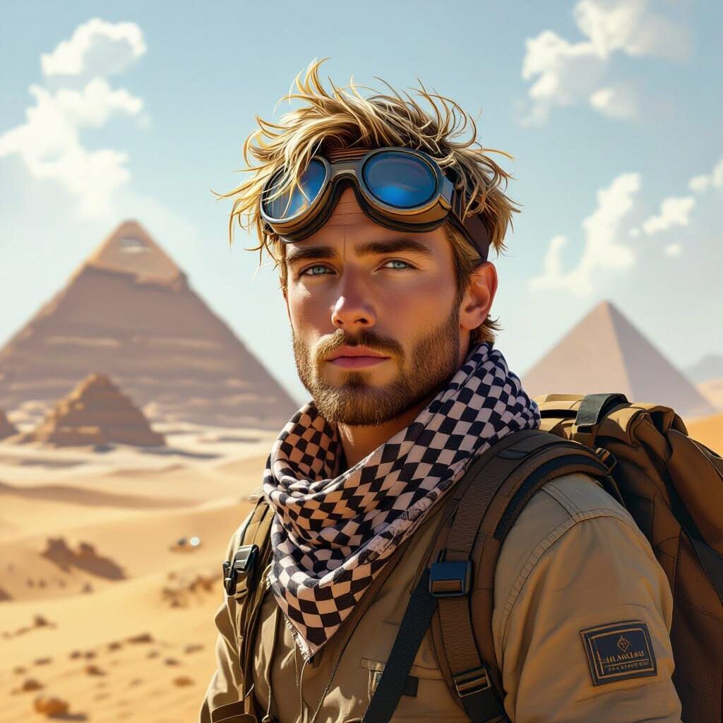 Enigmatic Desert Trekker Near Pyramids in Atmospheric Style