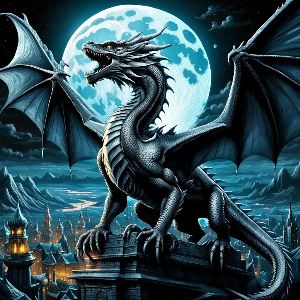 Silver Dragon Flight Over Kingdom: Digital Matte Painting