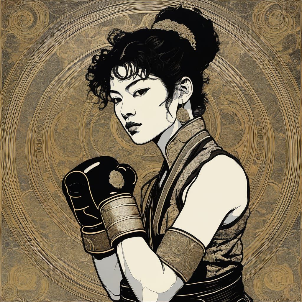 Ethereal Female Warrior in Traditional Muay Thai Attire