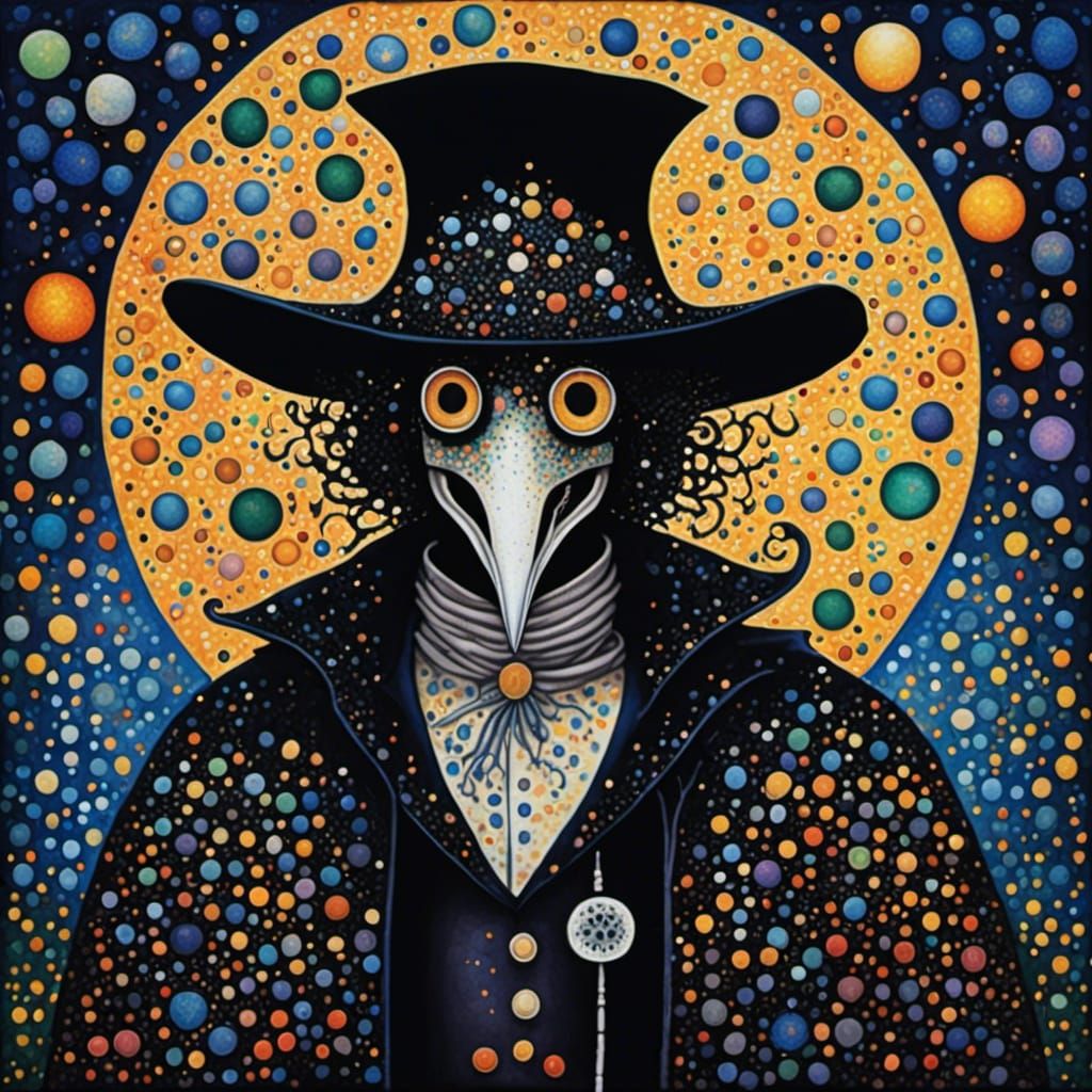 Dark Whimsical Plague Doctor in Pointillism Style