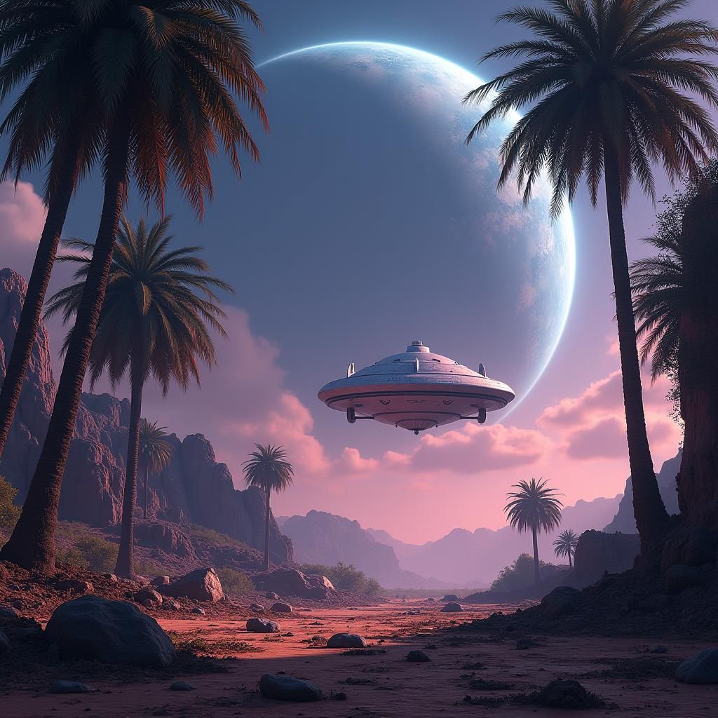 Apocalyptic Palm Oasis with Ringed Planet